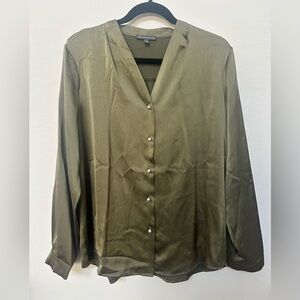 Adrianna Papell Olive Green Button-Up Blouse w/ Pearl Buttons
